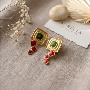 Vintage 80s Geometric Gold Enamel Dangle Earrings - Red & Green